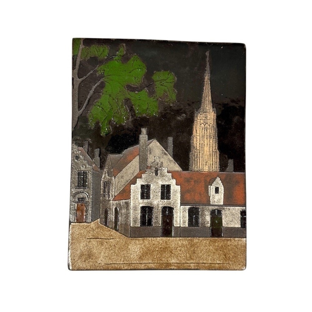 Vintage Hand-Painted Decorative Tile Plaque European Village Church Scene